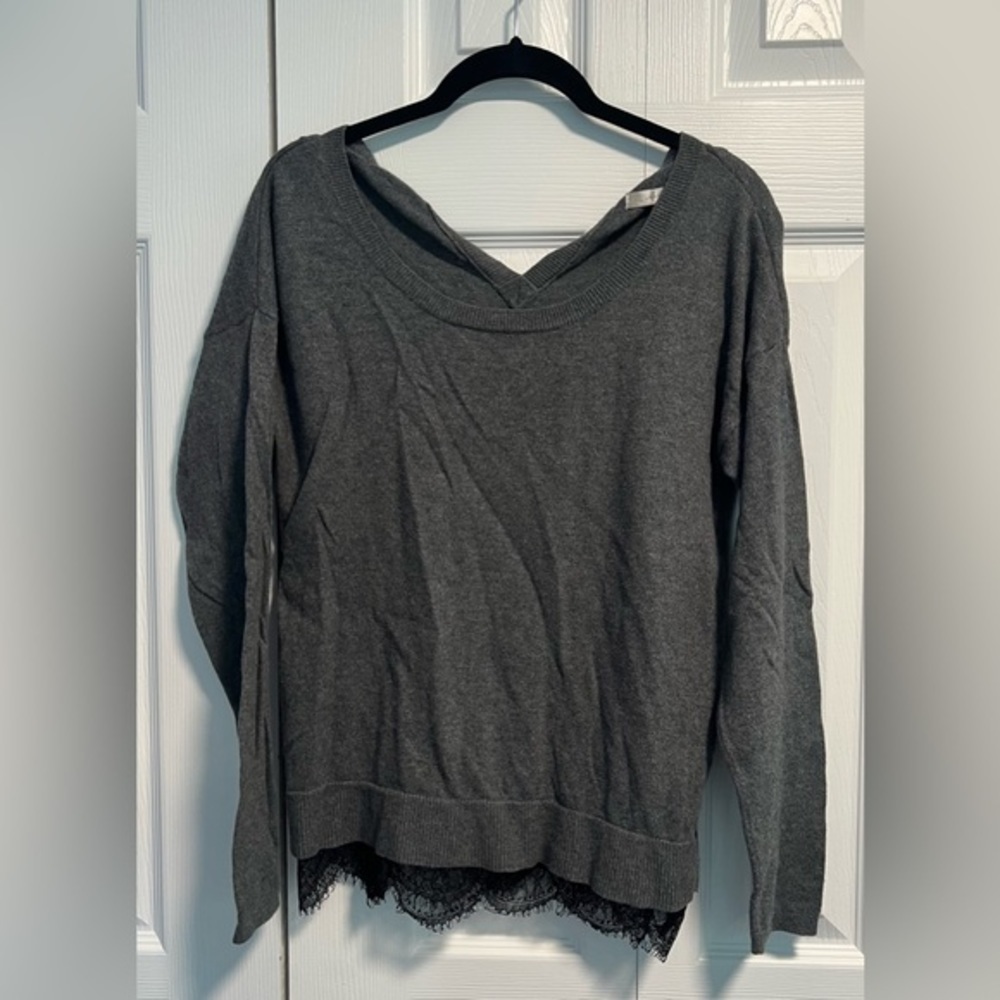 Lauren Conrad Gray Long Sleeved Top With Black Lace Hem